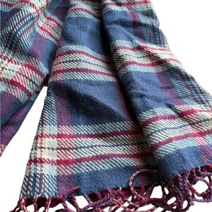 Plaid Fringe Reversible Scarf in Blue and Red